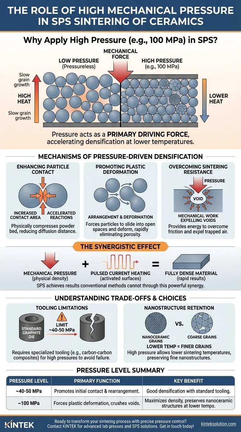 Qual è lo scopo dell'applicazione di un'elevata pressione meccanica, come 100 MPa, durante la sinterizzazione di polveri ceramiche in un sistema SPS? Raggiungere una sinterizzazione rapida e ad alta densità Guida Visiva