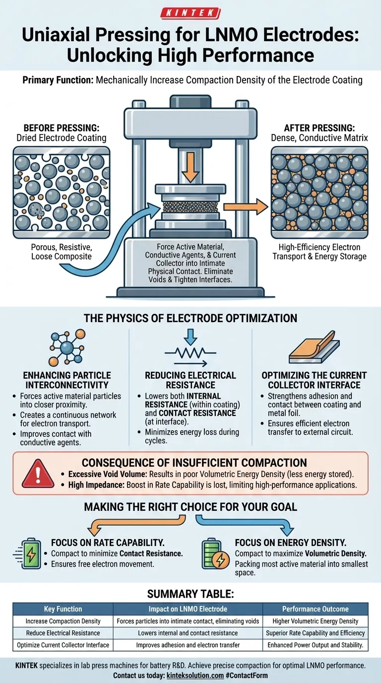 Qual é a função principal do uso de uma prensa uniaxial para compactar eletrodos de LiNi0.5Mn1.5O4 (LNMO) secos? Alcançar Densidade de Bateria de Alto Desempenho Guia Visual