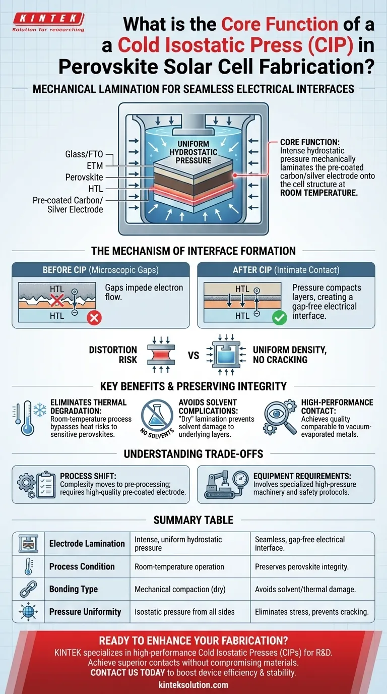 カーボン電極ペロブスカイト太陽電池の製造におけるコールドアイソスタティックプレス（CIP）の主な機能は何ですか？ 室温での高性能電極ラミネーションを実現する ビジュアルガイド