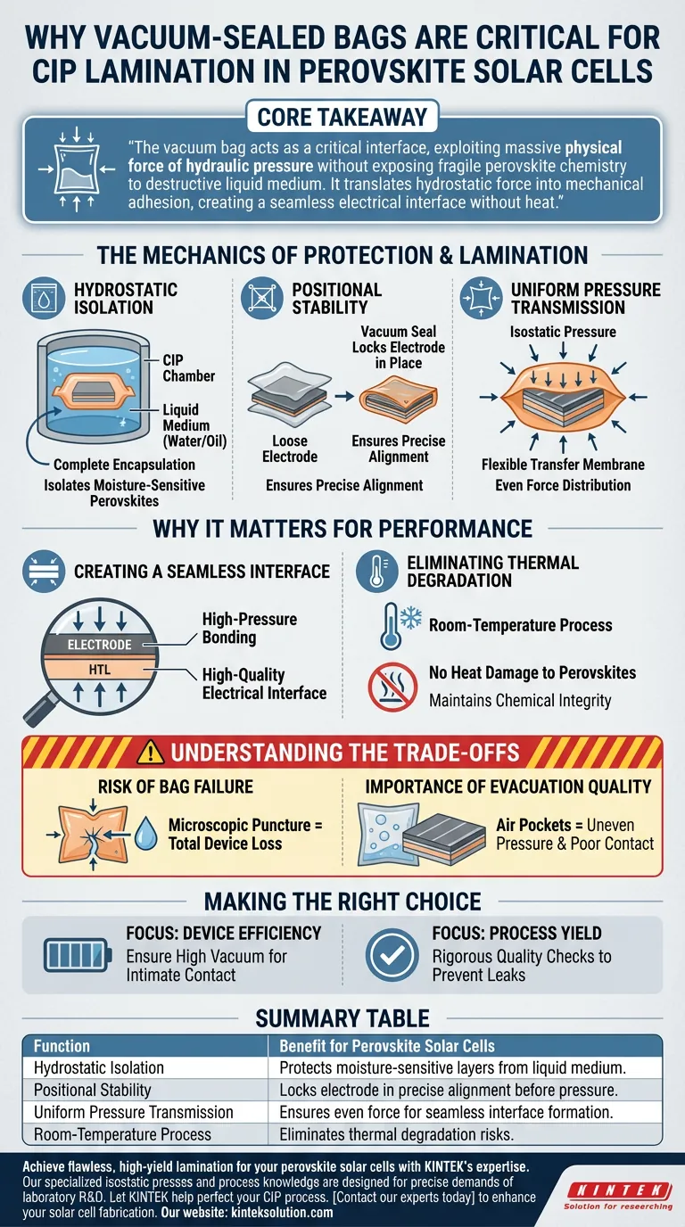 ペロブスカイト太陽電池のコールドアイソスタティックプレス（CIP）プロセスにおいて、真空シールバッグが必要なのはなぜですか？完璧なラミネートを保証する ビジュアルガイド