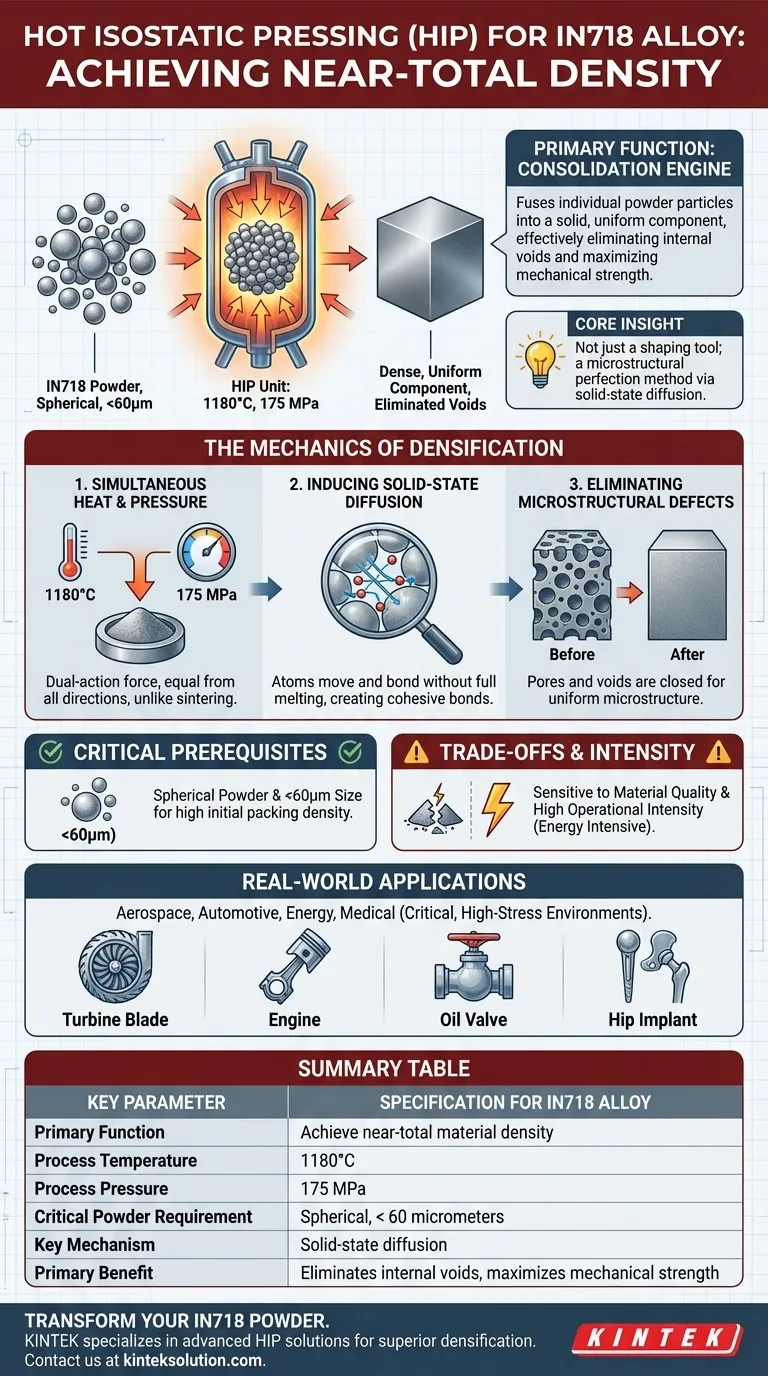 Qual è la funzione principale di una pressa isostatica a caldo (HIP) nella lavorazione della metallurgia delle polveri della lega IN718? Raggiungere una densità quasi totale per parti critiche Guida Visiva