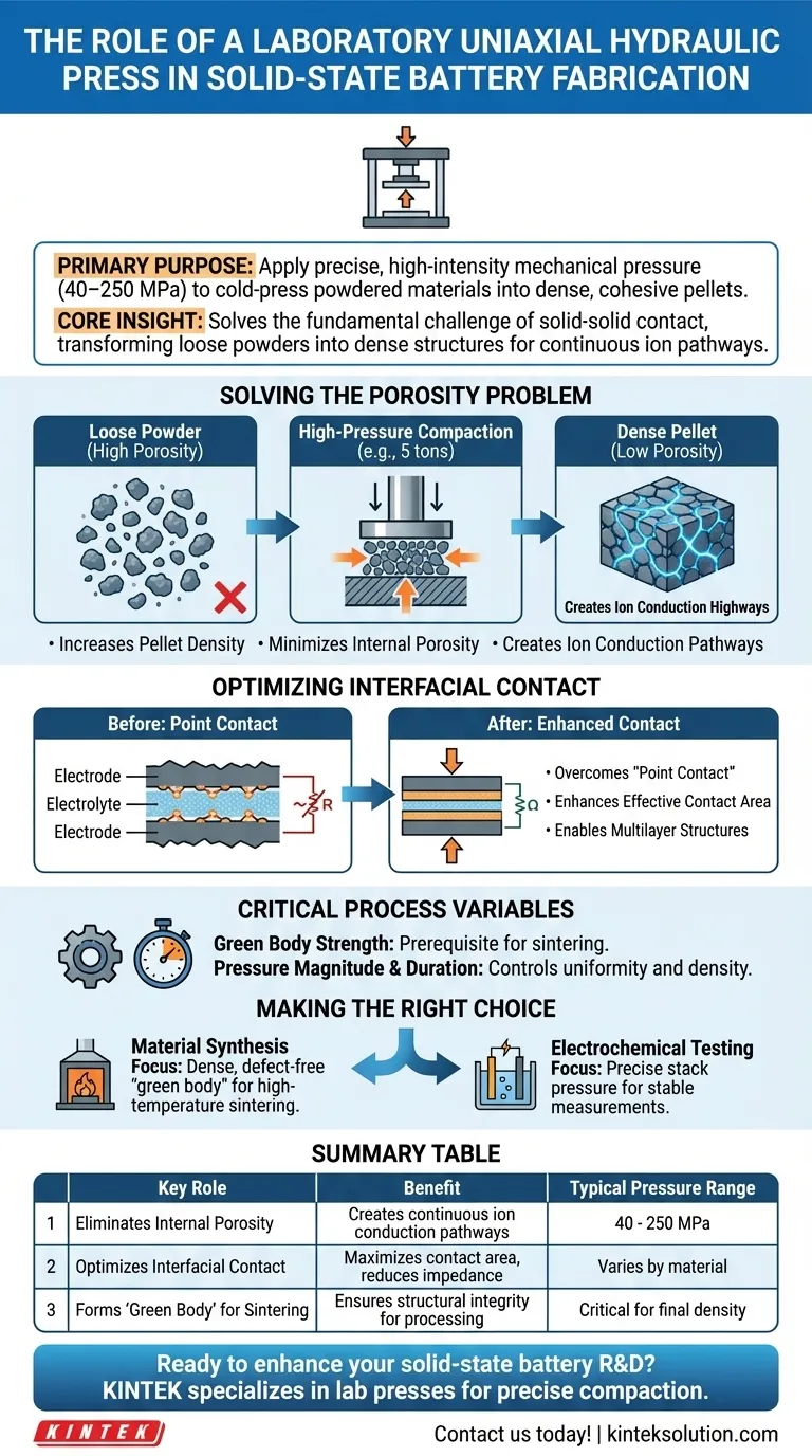 固态电池制造的整体过程中，实验室单轴液压机的首要目的是什么？实现致密、高性能的颗粒 ビジュアルガイド