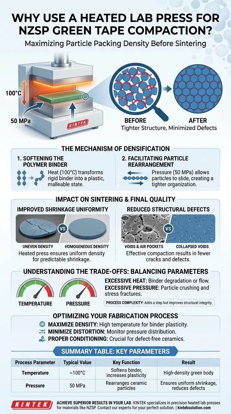Por que uma prensa de laboratório aquecida é usada para compactar a fita verde NZSP? Maximizar a Densidade para Cerâmicas Livres de Defeitos Guia Visual