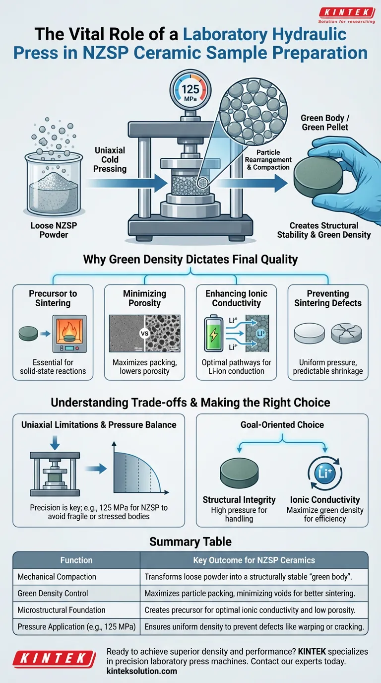 Qual è la funzione di una pressa idraulica da laboratorio nella preparazione di campioni ceramici NZSP pressati in polvere? Garantire la massima conducibilità ionica Guida Visiva
