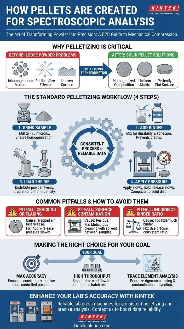 分砕または微粉砕されたサンプルを用いて、分光分析技術でペレットはどのように作られるのですか？適切なペレット化で精度を向上 ビジュアルガイド
