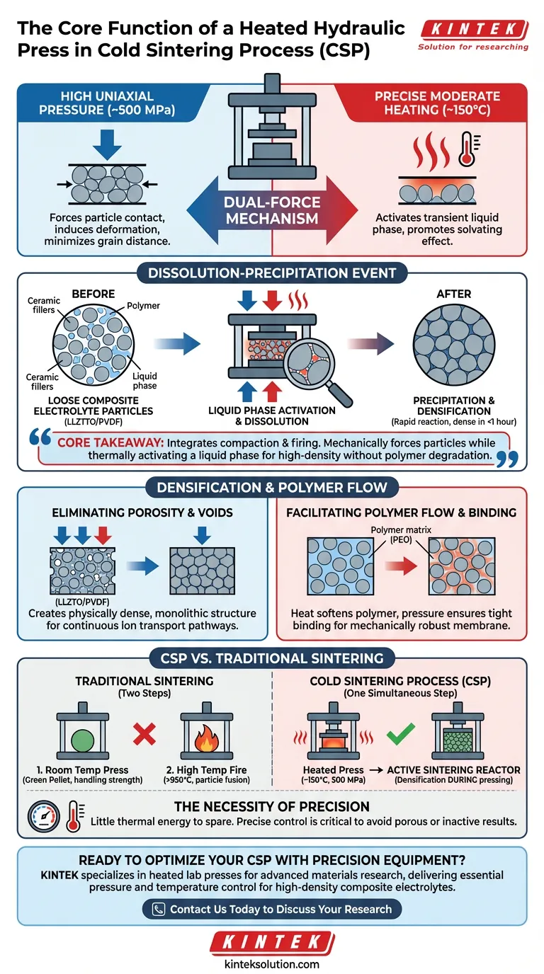 Qual é a função principal de uma prensa hidráulica aquecida no Processo de Sinterização a Frio? Obter Eletrólitos de Alta Densidade a Baixas Temperaturas Guia Visual