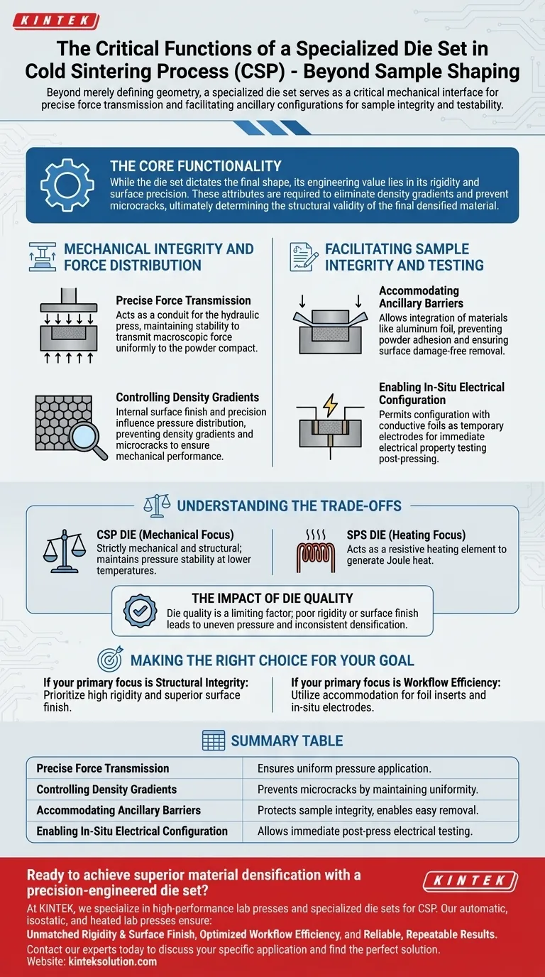 コールドシンタリングプロセス中に実験室用プレスで使用される特殊なダイセットは、サンプルの成形以外にどのような機能がありますか？均一な力とサンプルの完全性を確保する ビジュアルガイド