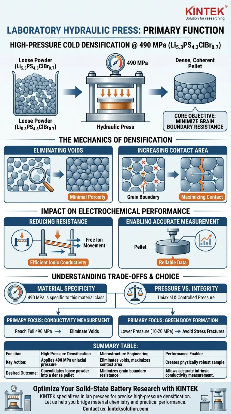 Qual è la funzione principale di una pressa idraulica da laboratorio quando si applica una pressione di 490 MPa alla polvere di elettrolita Li5.3PS4.3ClBr0.7? Ottenere pellet di elettrolita solido ad alta densità Guida Visiva