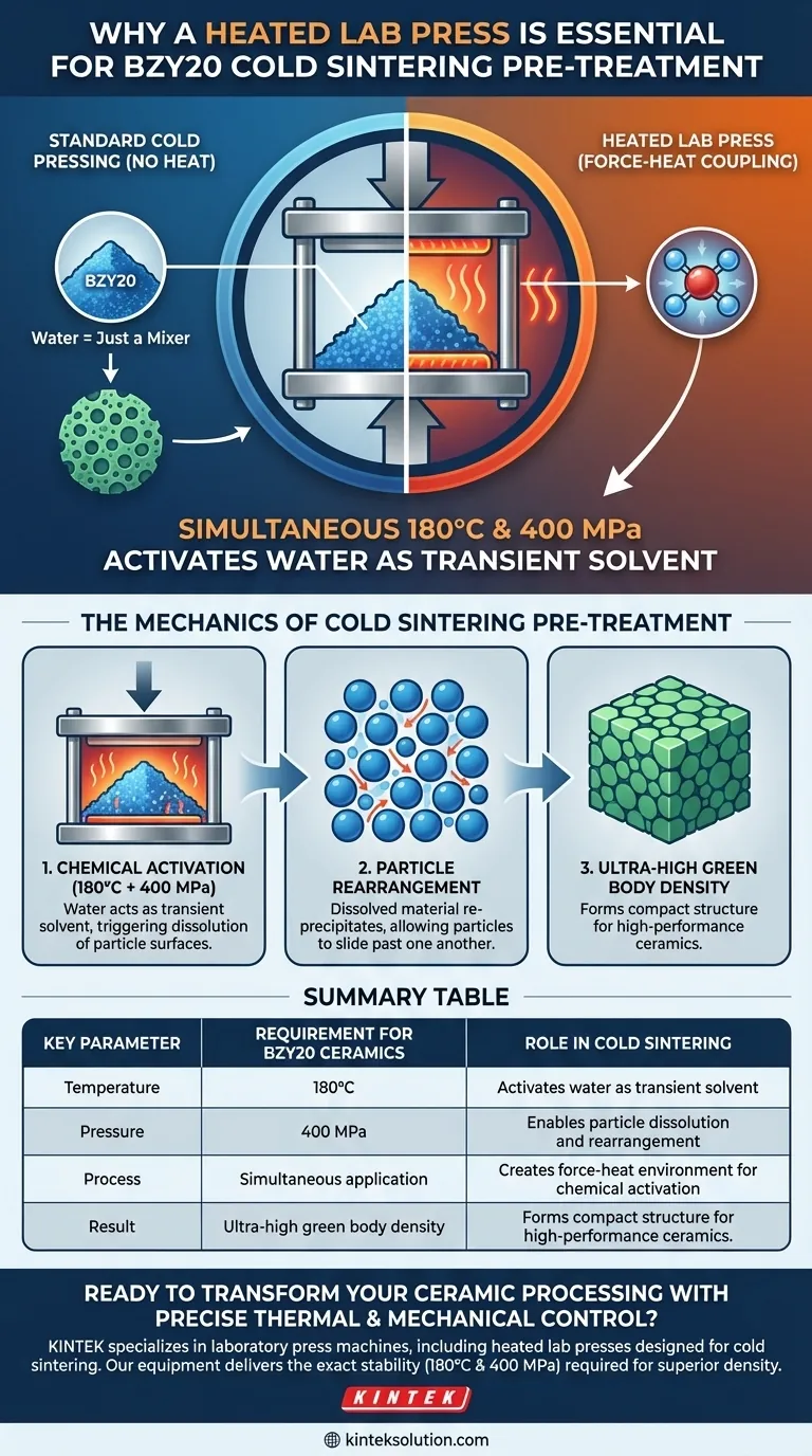 Por que uma prensa de laboratório aquecida é essencial para o processo de pré-tratamento de sinterização a frio de cerâmicas BZY20? Desbloqueie Densidade Superior com Acoplamento Força-Calor Guia Visual