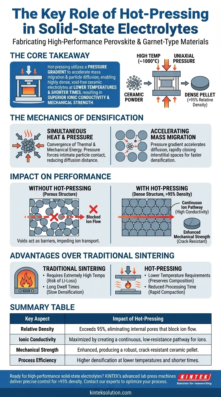 Qual é o papel fundamental do processo de prensagem a quente na fabricação de eletrólitos de estado sólido do tipo Perovskita ou Granada? Alcançar >95% de Densidade para Condutividade Iônica Superior Guia Visual