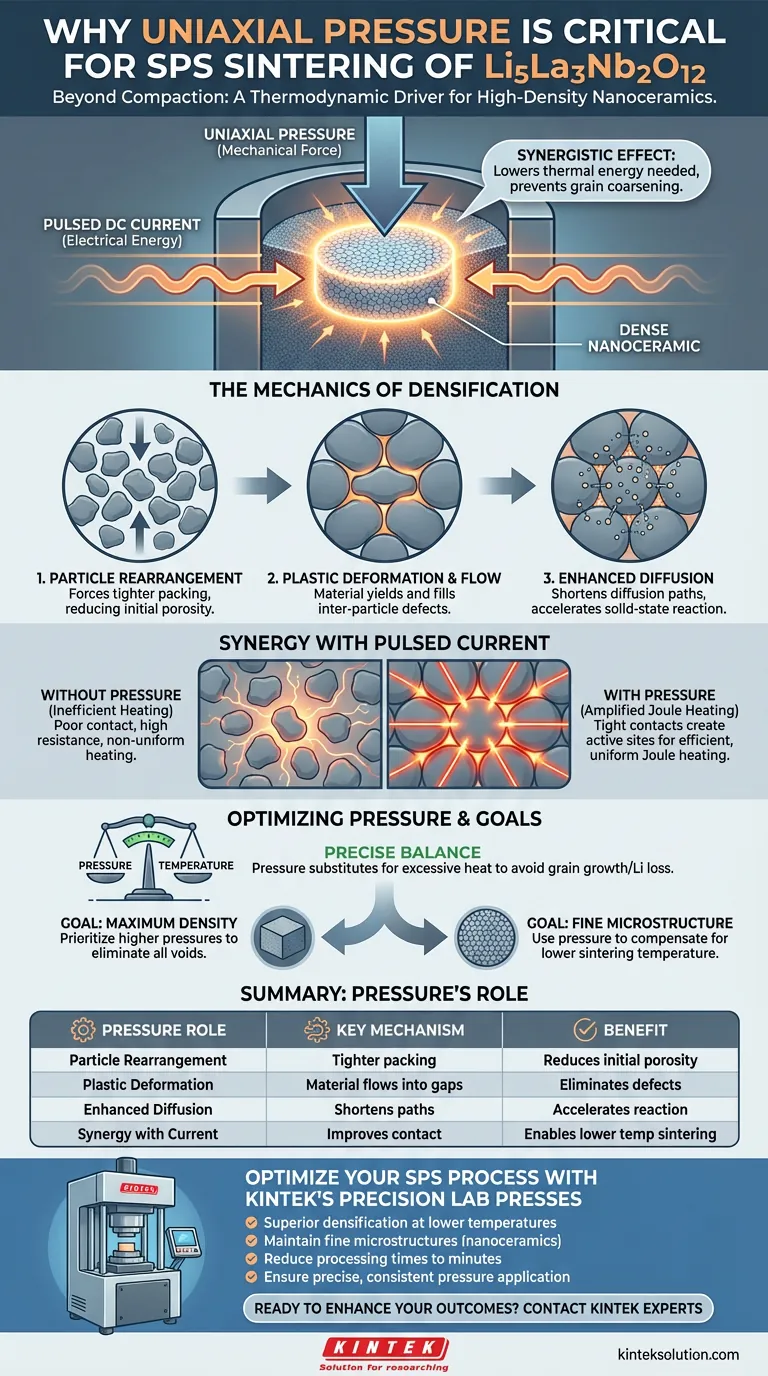 Perché la pressione uniassiale è necessaria nella SPS per Li5La3Nb2O12? Ottenere nanoceramiche ad alta densità più velocemente Guida Visiva