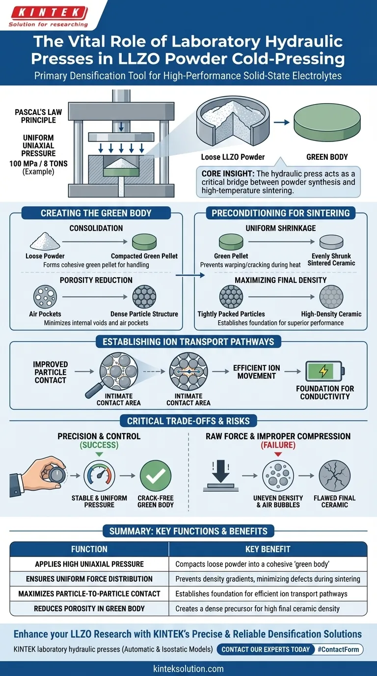 LLZO粉末のコールドプレスプロセスにおける実験用油圧プレスの機能は何ですか？優れた全固体電解質のための精密な緻密化を実現 ビジュアルガイド