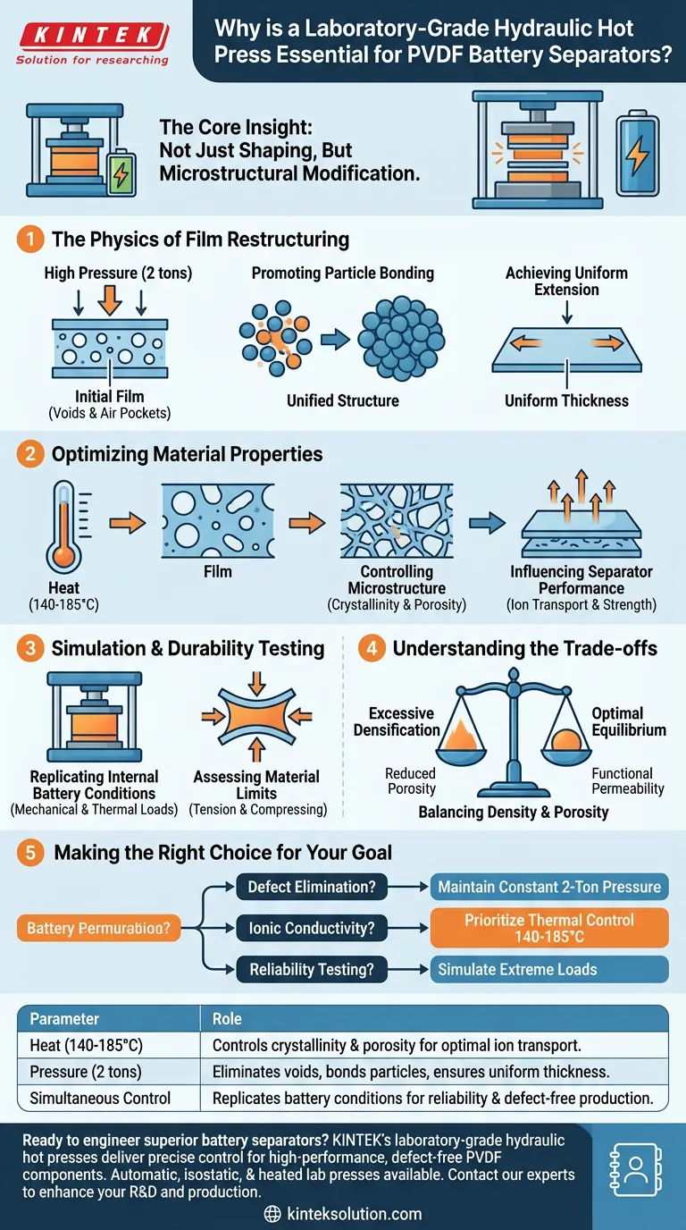 Por que uma prensa hidráulica aquecida de grau laboratorial é essencial para processar filmes de PVDF em separadores de bateria? Guia Visual