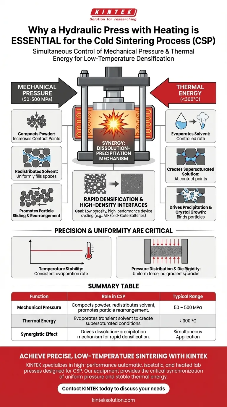 Por que uma prensa hidráulica aquecida é essencial para o Processo de Sinterização a Frio (CSP)? Sincroniza Pressão & Calor para Densificação a Baixa Temperatura Guia Visual