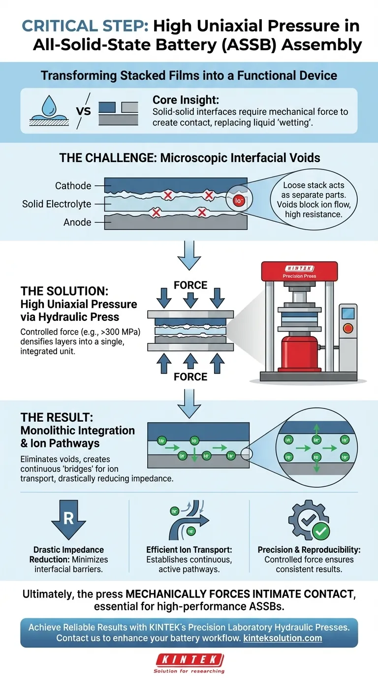 積層されたフリースタンディングフィルムから全固体電池を組み立てる際に、実験室用油圧プレスによる高い一軸圧の印加が重要なステップとなるのはなぜですか？ ビジュアルガイド