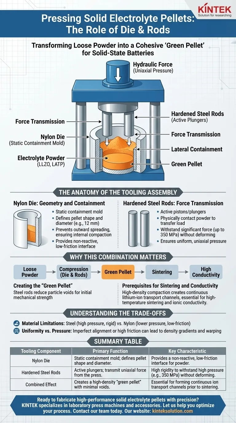 ナイロンダイと鋼棒は、電解質ペレットのプレスにおいてどのような役割を果たしますか？イオン伝導率のための最適なペレット密度を実現する ビジュアルガイド