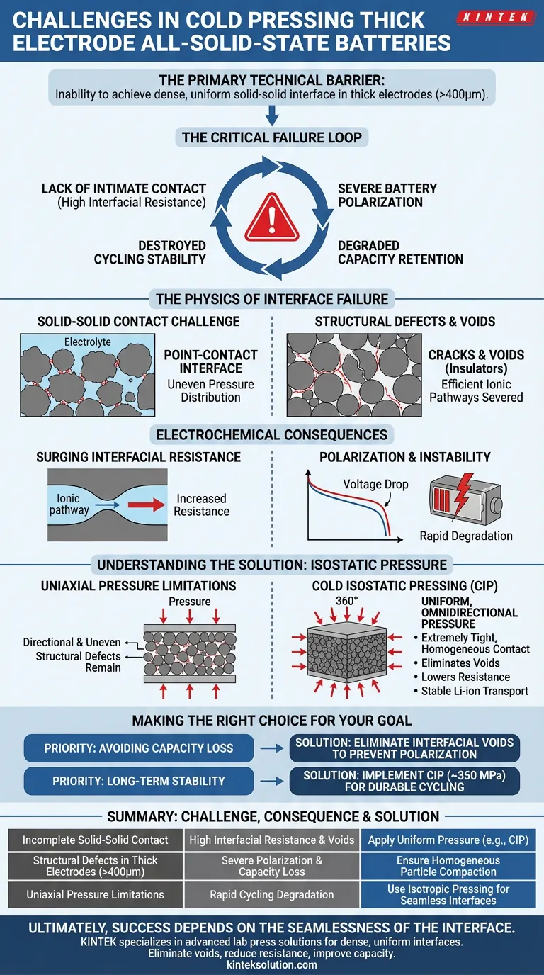 厚膜電極を用いた全固体電池のコールドプレス法による組み立てにおける主な課題は何ですか？安定した性能のために界面破壊を克服する ビジュアルガイド