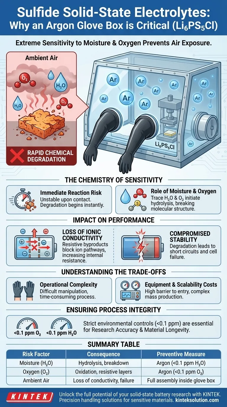 Perché l'assemblaggio di Li6PS5Cl deve avvenire in una glove box ad argon? Prevenire il degrado per batterie ad alte prestazioni Guida Visiva