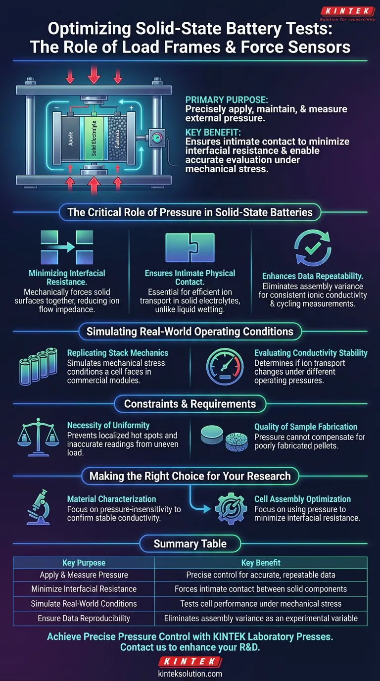 Qual é o propósito de usar uma estrutura de carga e um sensor de força para testes eletroquímicos dependentes de pressão em células de bateria de estado sólido? Garanta Resultados Precisos e Repetíveis Guia Visual