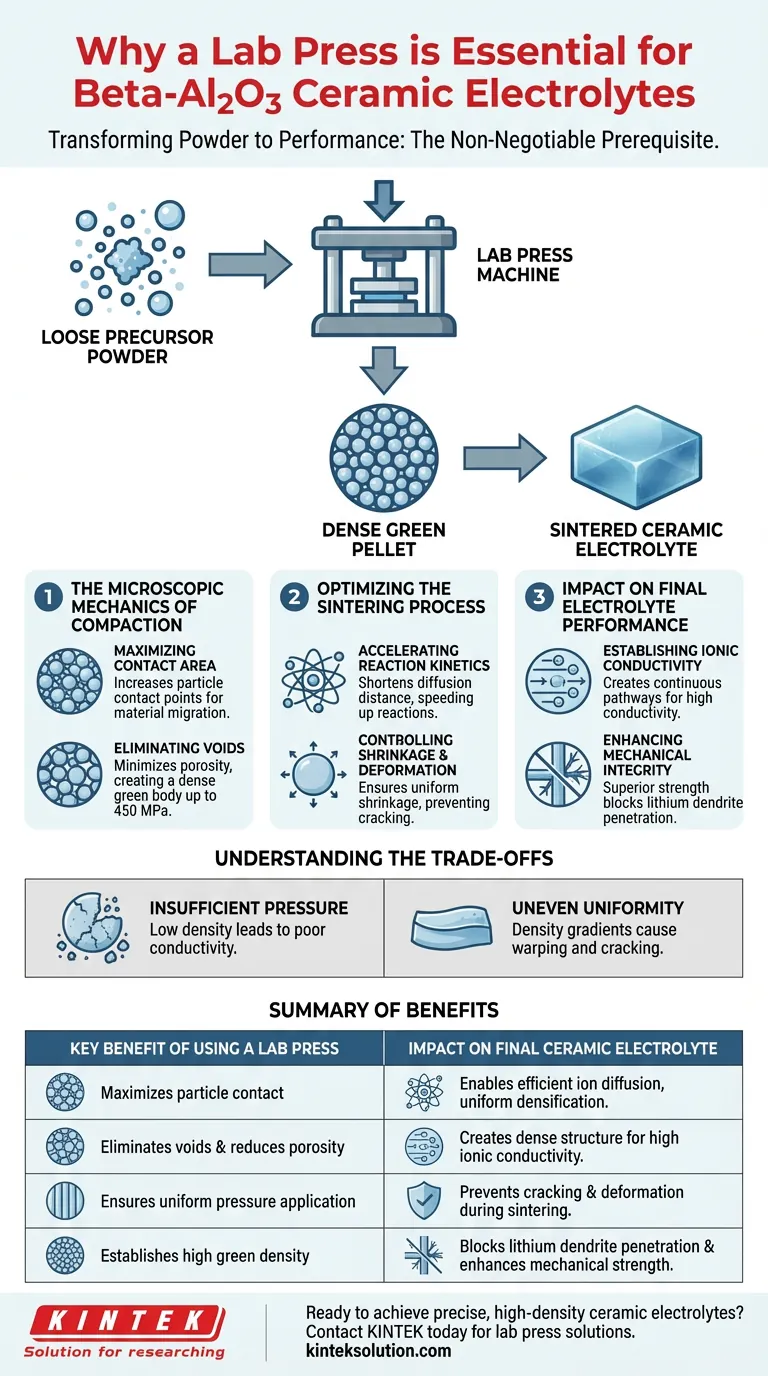 ベータアルミナ（Beta-Al2O3）前駆体粉末の圧縮に実験室用プレス機を使用する必要があるのはなぜですか？ 優れたセラミック電解質性能を実現する ビジュアルガイド