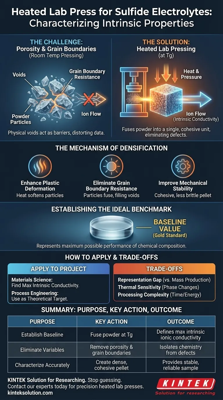 Qual é o propósito de usar uma prensa de laboratório aquecida para caracterizar eletrólitos de sulfeto? Alcançar Análise Definitiva de Propriedades Intrínsecas Guia Visual