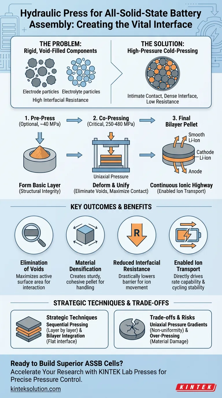 Qual é o propósito de usar uma prensa hidráulica para prensar a frio um eletrodo em um pellet de eletrólito? Alcançar interfaces de baixa resistência para baterias de estado sólido Guia Visual