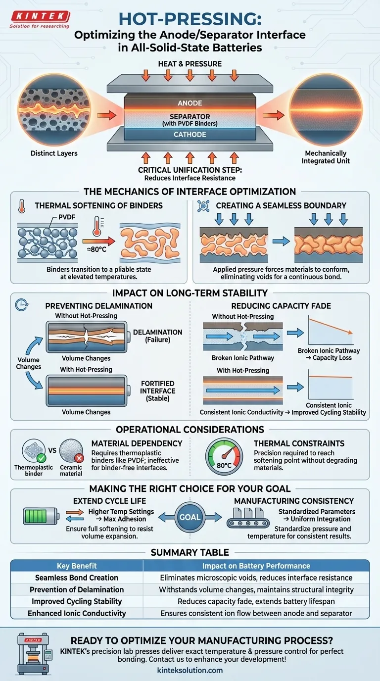 Quais são os principais benefícios de usar um processo de prensagem a quente para a interface ânodo/separador em baterias de estado sólido? Aumentar a vida útil e a estabilidade da bateria Guia Visual