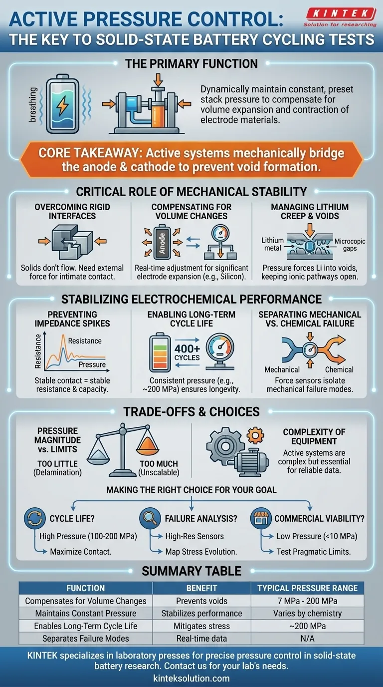 Qual è la funzione di un sistema di controllo attivo della pressione? Garantire un ciclo stabile per le batterie completamente allo stato solido Guida Visiva