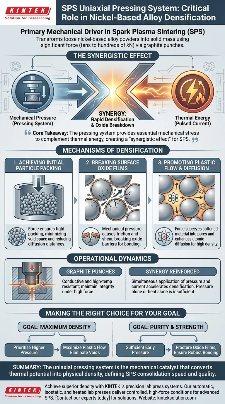 Qual è il ruolo critico del sistema di pressatura uniassiale nelle apparecchiature SPS? Promuovere la densificazione nelle leghe a base di nichel Guida Visiva