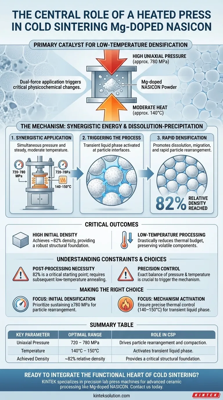 Qual è il ruolo centrale di una pressa in grado di riscaldare e pressare simultaneamente nel Processo di Sinterizzazione a Freddo del NASICON drogato con Mg? | Il catalizzatore per la densificazione a bassa temperatura Guida Visiva