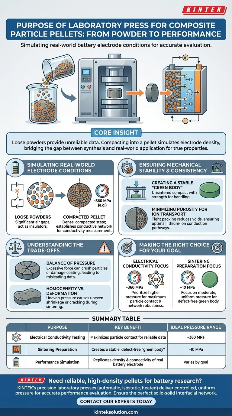 Qual è lo scopo dell'utilizzo di una pressa da laboratorio per formare pellet da particelle composite rivestite a secco? Per simulare le prestazioni reali degli elettrodi della batteria Guida Visiva