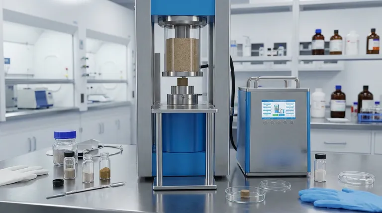 Qual è lo scopo dell'utilizzo di una pressa da laboratorio per formare pellet da particelle composite rivestite a secco? Per simulare le prestazioni reali degli elettrodi della batteria