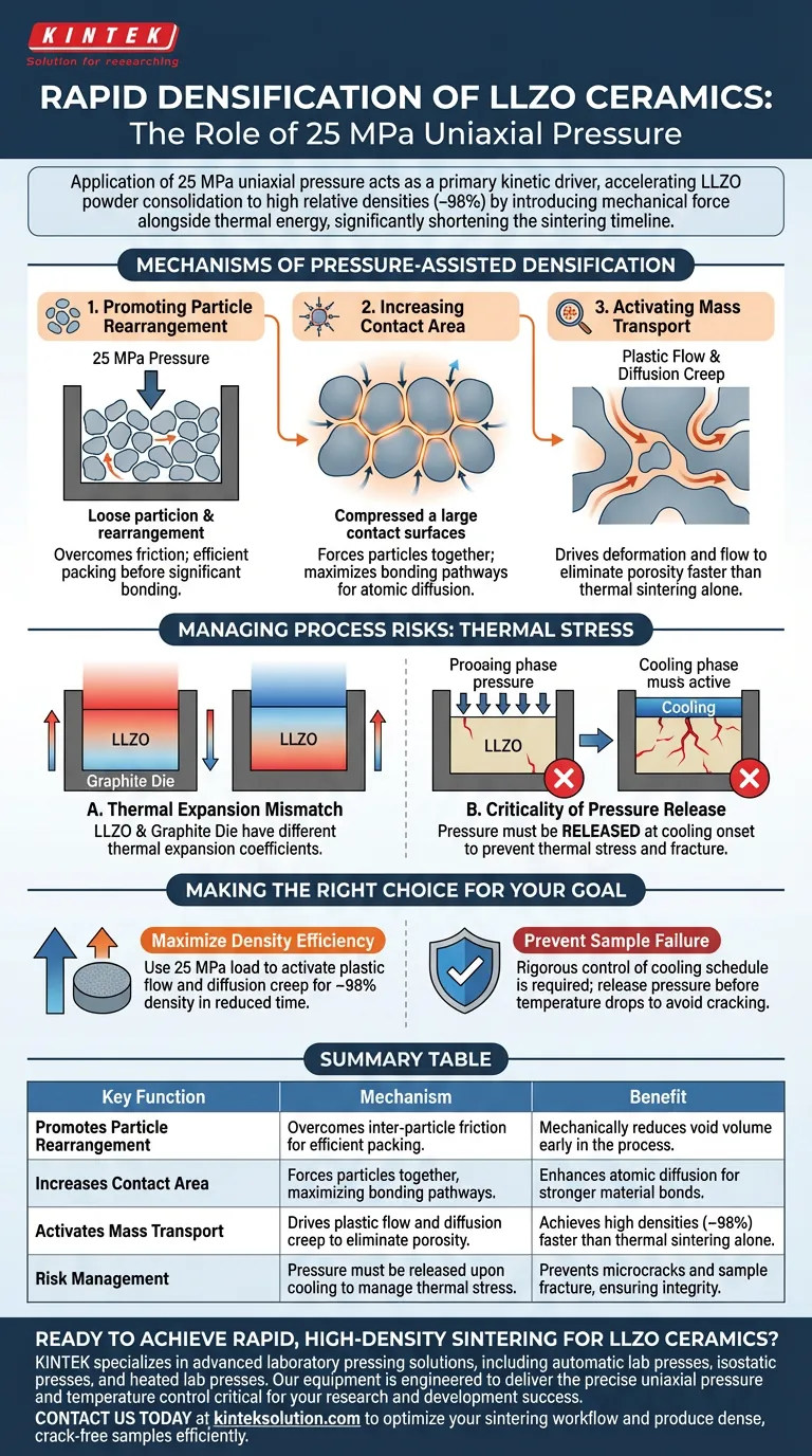 LLZOセラミックスの高温焼結中に、急速な緻密化を達成するために25 MPaの単軸圧力を印加する役割は何ですか？ ビジュアルガイド