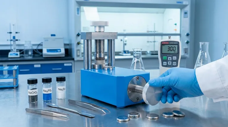 Qual è lo scopo dell'applicazione di una pressione di 300 MPa con una pressa idraulica da laboratorio durante l'assemblaggio di una batteria completamente allo stato solido come NaCrO2||Na3PS4||Na2Sn? Assemblaggio di batterie ad alte prestazioni