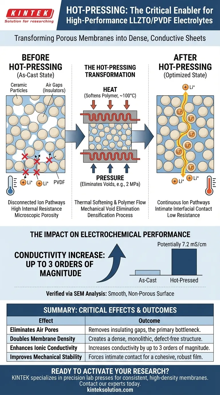 Perché il processo di pressatura a caldo è fondamentale per gli elettroliti LLZTO/PVDF? Sblocca una conduttività ionica superiore Guida Visiva