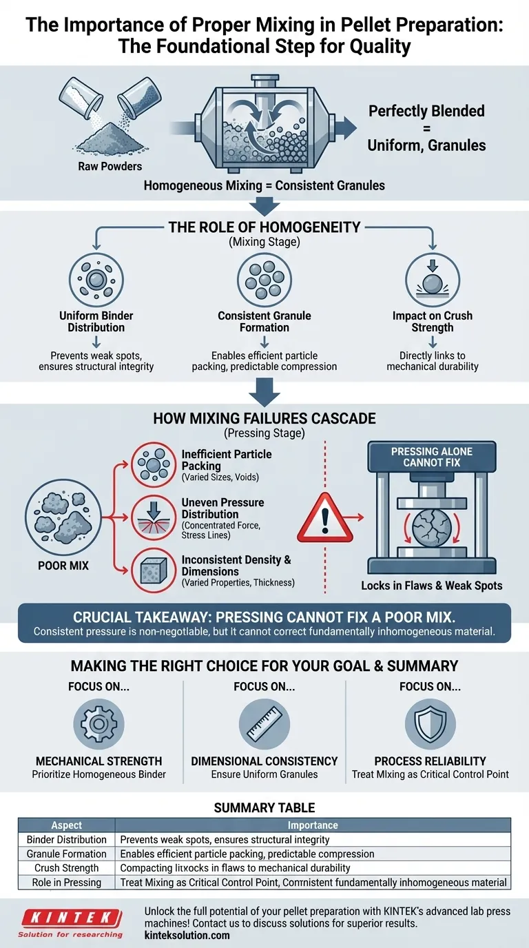 ペレット調製プロセスにおける適切な混合の重要性とは何ですか？均一な強度を持つ高品質なペレットを確実にしてください ビジュアルガイド