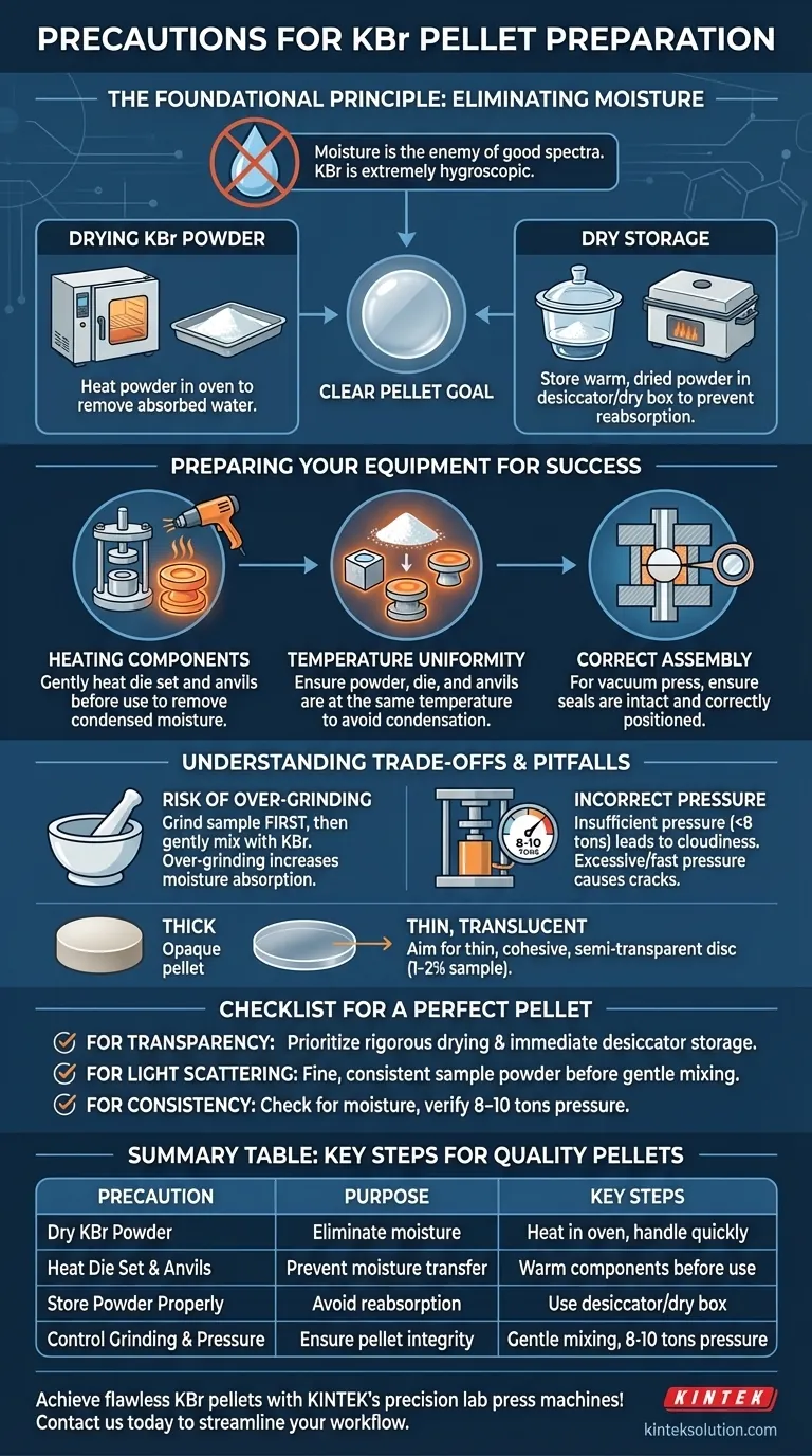 What precautions should be taken when preparing KBr powder for pellet formation? Ensure Clear IR Spectra with Proper Moisture Control Visual Guide