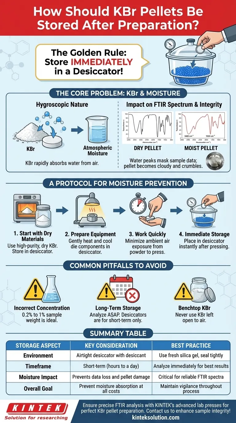 調製後のKBrペレットはどのように保管すべきですか？正確なFTIR分析のために湿気による損傷を防ぐ ビジュアルガイド