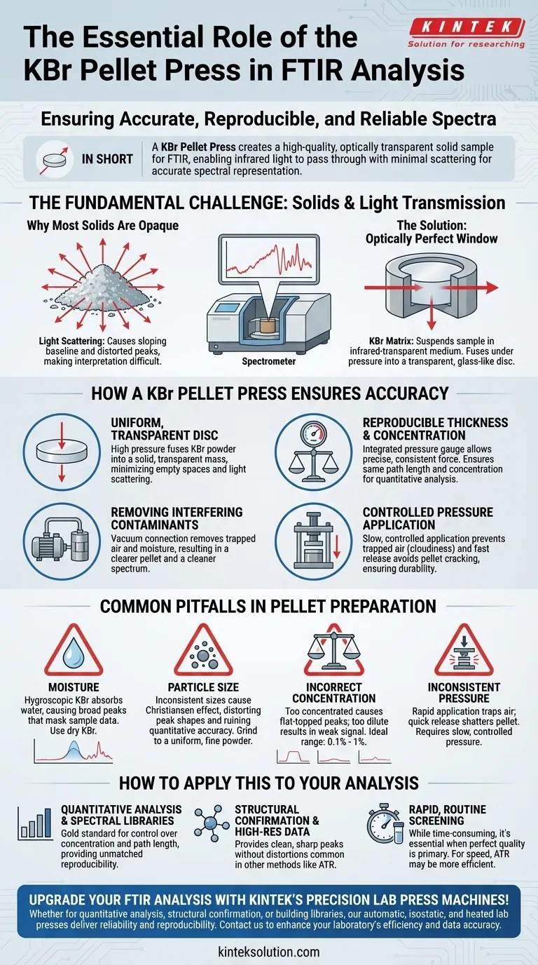 What role does the KBr Pellet Press play in ensuring accurate FTIR analysis? Achieve Reliable Spectroscopy Results Visual Guide