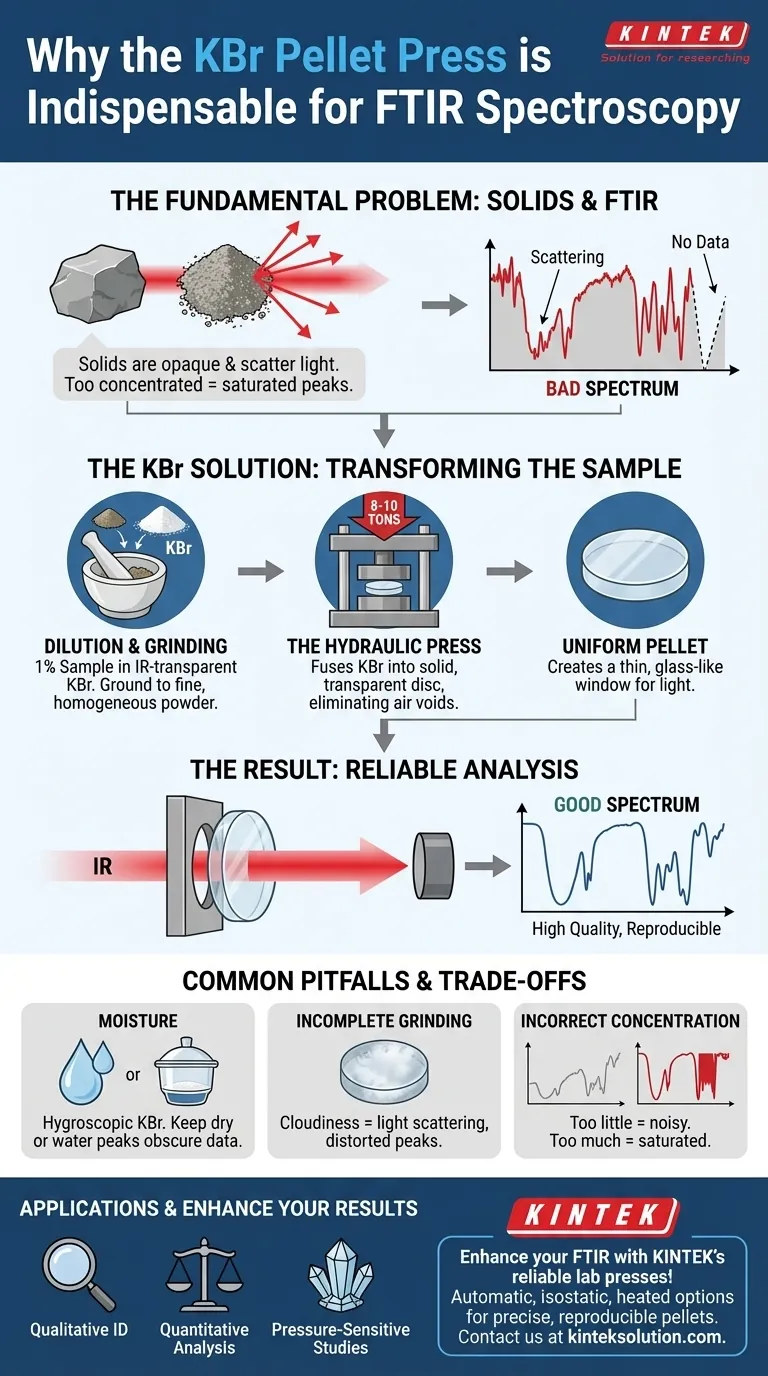 FTIR分光法において、KBrペレットプレスが不可欠なのはなぜですか？固形サンプルの正確な分析を実現する ビジュアルガイド