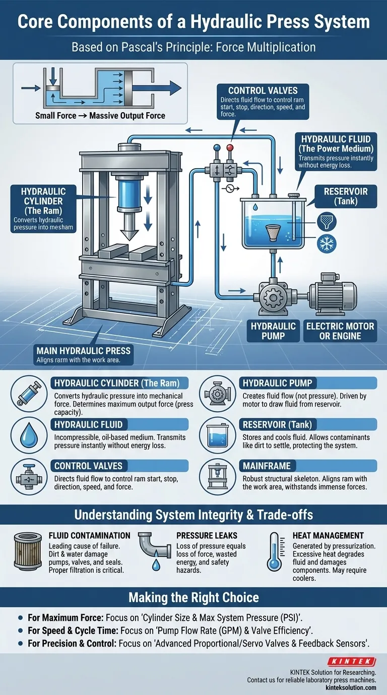 Quali sono i componenti principali di un tipico sistema di pressa idraulica? Sblocca l'efficienza ad alta forza per il tuo laboratorio Guida Visiva