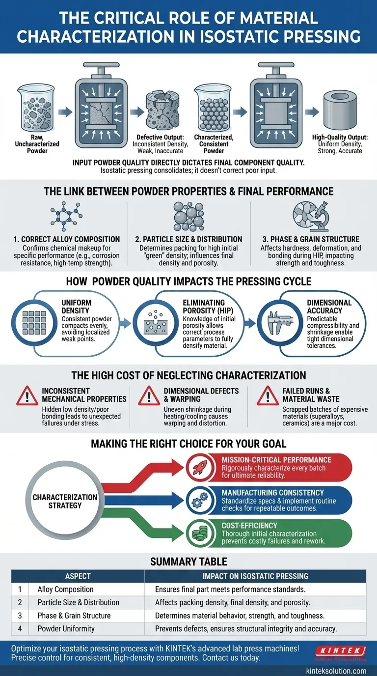 Почему характеризация материала важна при изостатическом прессовании? Обеспечение высококачественных, плотных компонентов Визуальное руководство
