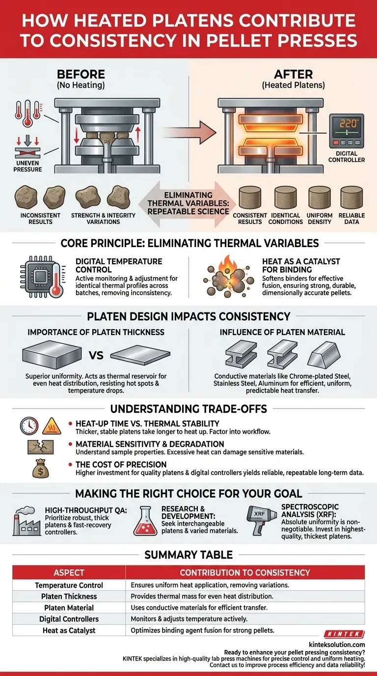 Wie tragen beheizte Pressplatten zur Konsistenz bei Pelletpressen bei? Erzielen Sie zuverlässige Ergebnisse durch gleichmäßige Erwärmung Visuelle Anleitung