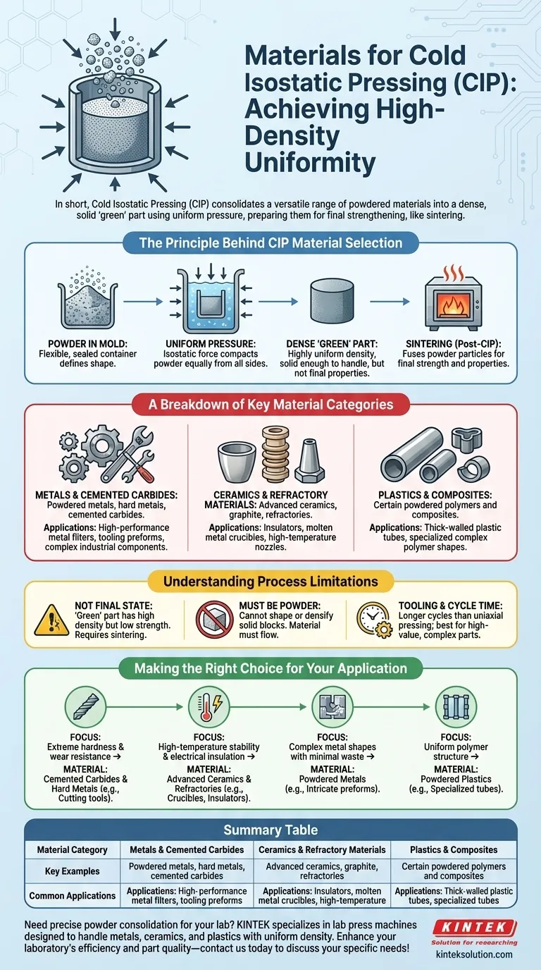 Quels types de matériaux peuvent être traités à l'aide du CIP ? Débloquez la consolidation polyvalente de poudres pour des pièces denses Guide Visuel
