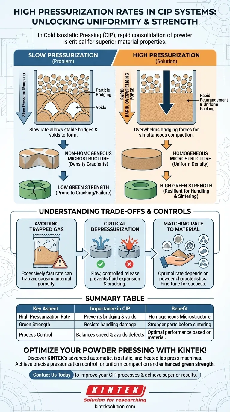 CIP 시스템에서 높은 가압 속도가 중요한 이유는 무엇입니까? 균일한 분말 압축 및 더 높은 강도 달성 시각적 가이드