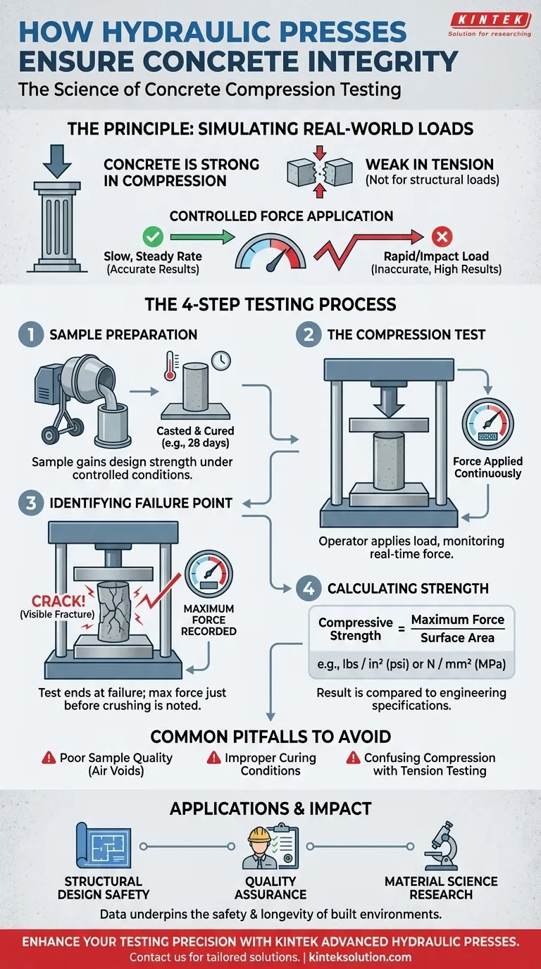 Como um pórtico hidráulico é usado no ensaio de compressão do concreto? Garanta Medições de Resistência Precisas para Seus Projetos Guia Visual
