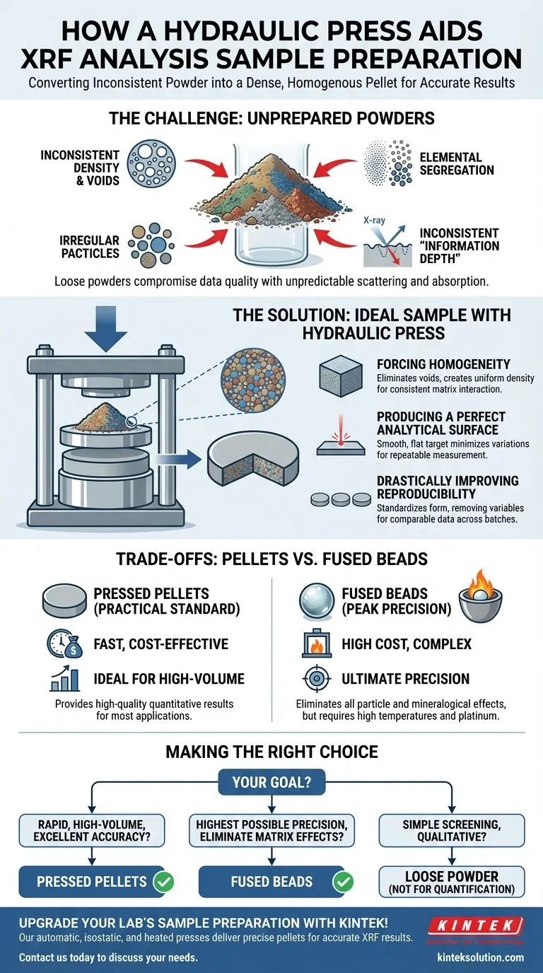 Wie unterstützt eine hydraulische Presse die Probenvorbereitung für die RFA-Analyse? Erstellen Sie präzise, homogene Pellets Visuelle Anleitung