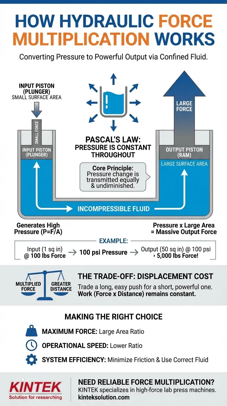 How does force multiplication work in a hydraulic press? Unlock High-Power Compression for Your Lab Visual Guide