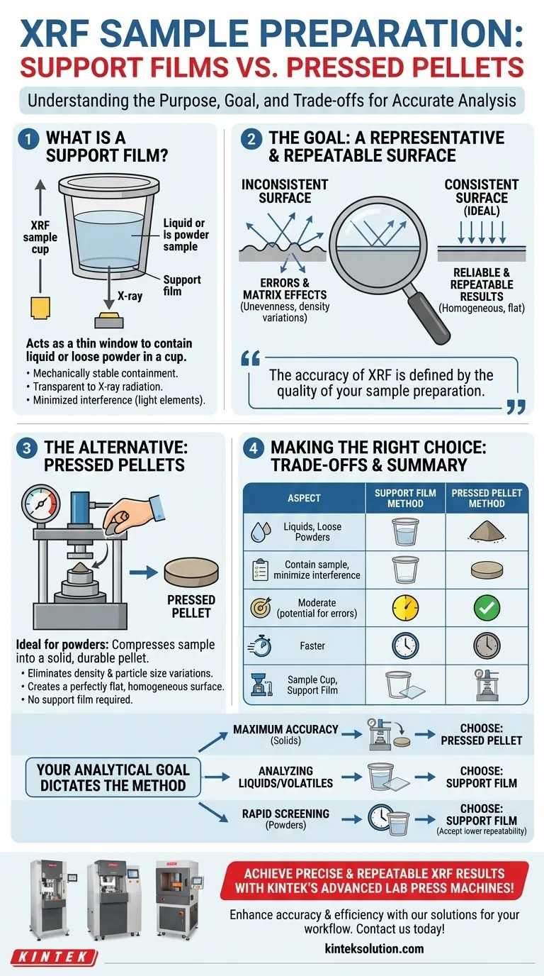 Qual é o objetivo de um filme de suporte na preparação de amostras líquidas e em pó para XRF? Garanta uma análise XRF precisa e repetível Guia Visual