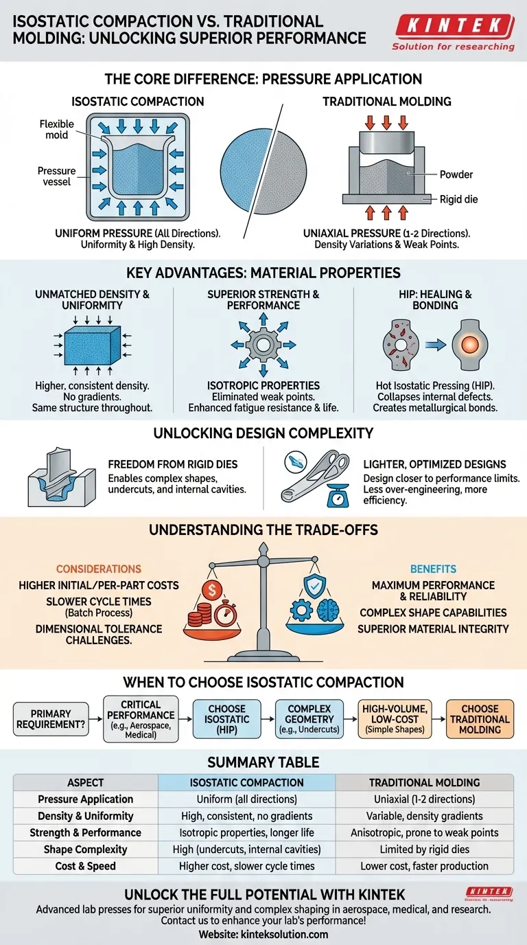 Quali sono i principali vantaggi della compattazione isostatica rispetto ai metodi di stampaggio tradizionali? Ottenere uniformità superiore e forme complesse Guida Visiva